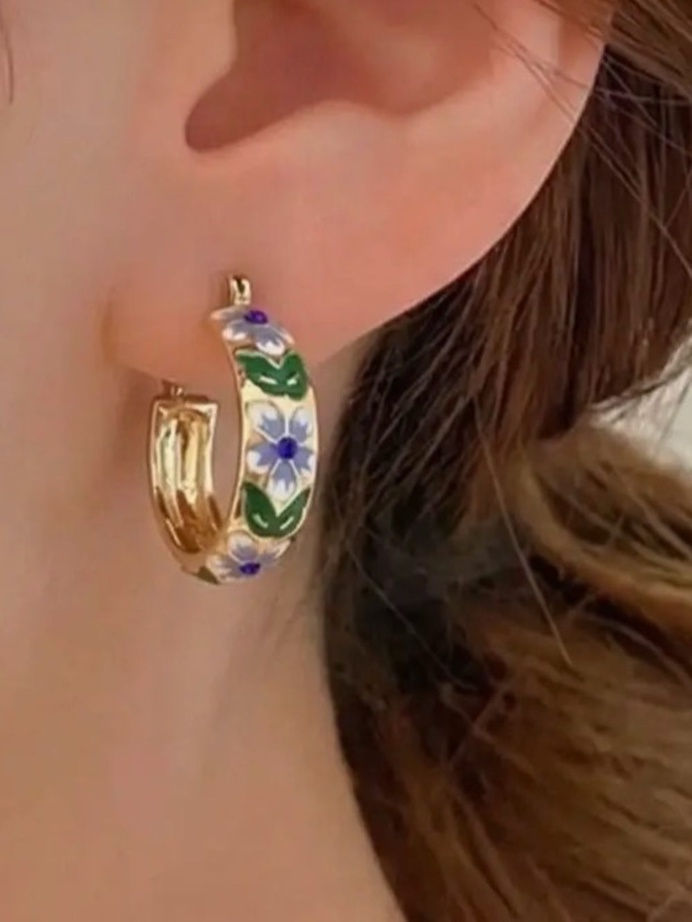 Floral Enamel Gold Hoop Earrings (5518)
